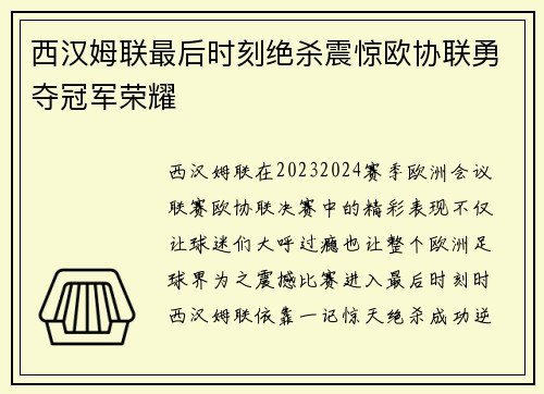西汉姆联最后时刻绝杀震惊欧协联勇夺冠军荣耀